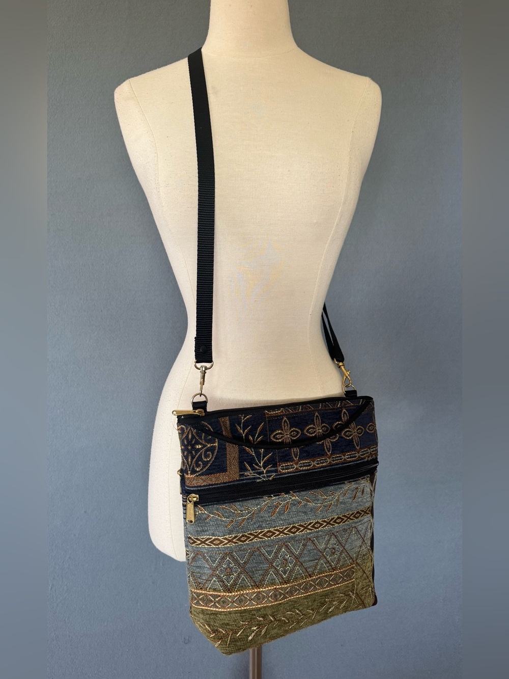 Danny K Maggie Tapestry Crossbody Bag Blue Green Boho Made in USA
